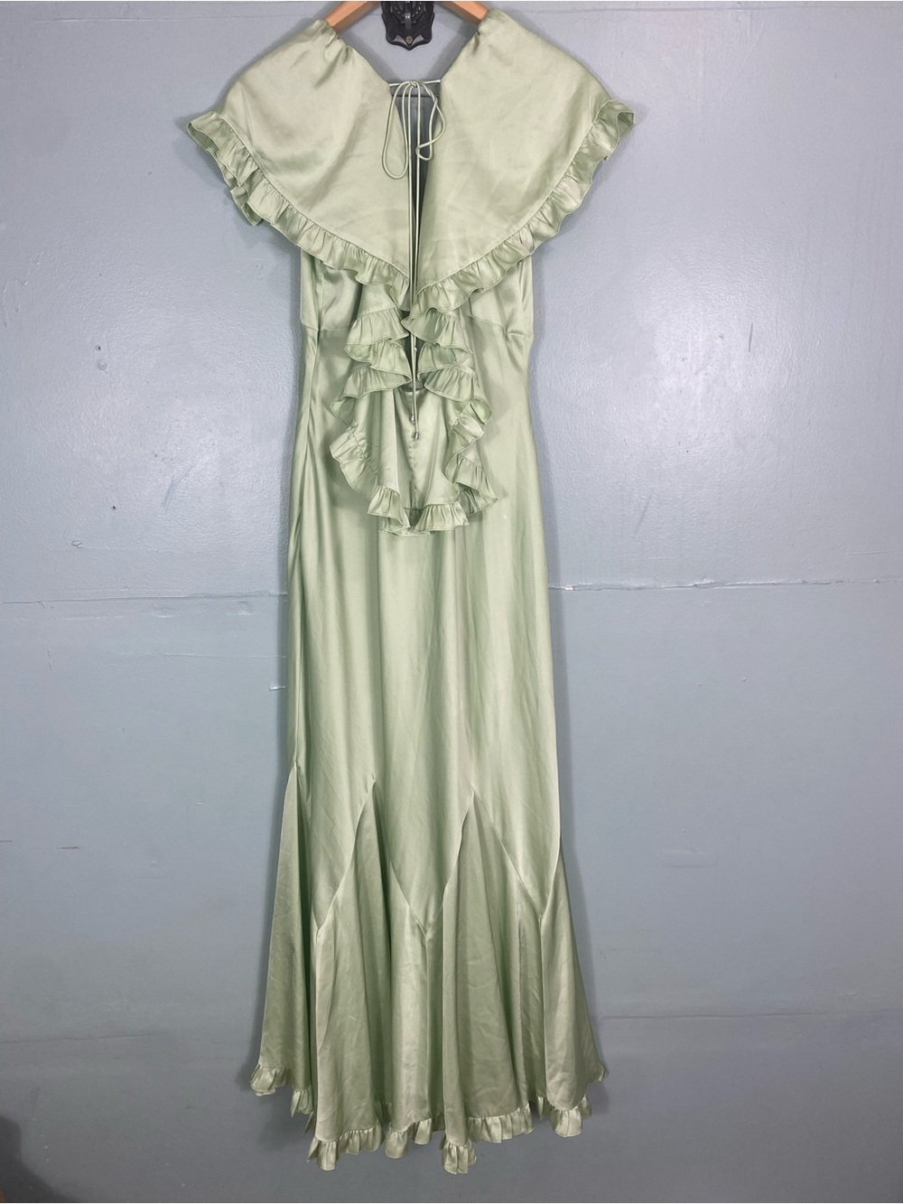 BHLDN Caped Satin Maxi Dress Green Ruffle XL - Picture 6 of 10